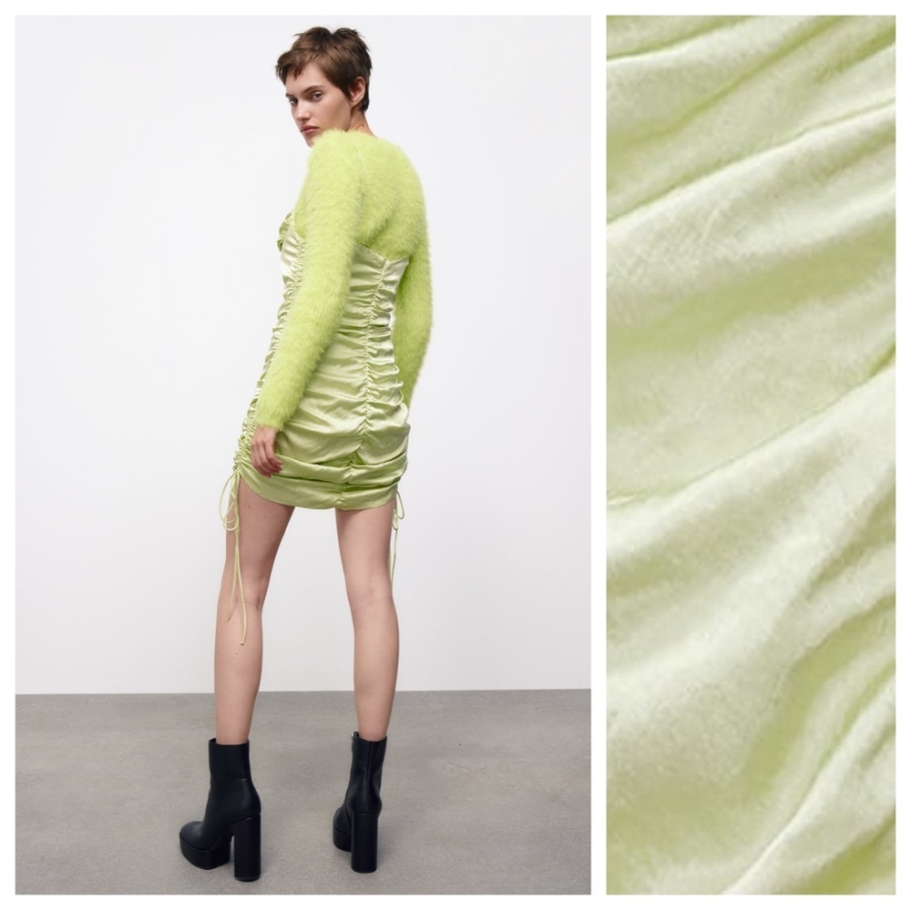 🌹NWT. Zara Mint Green Satin Effect Ruched Mini Dress with V-neck. Size S. - Picture 4 of 12